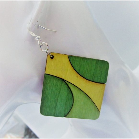 Green, yellow and khaki square wooden earring hobo earring - stainless steel - Picture 2 of 6